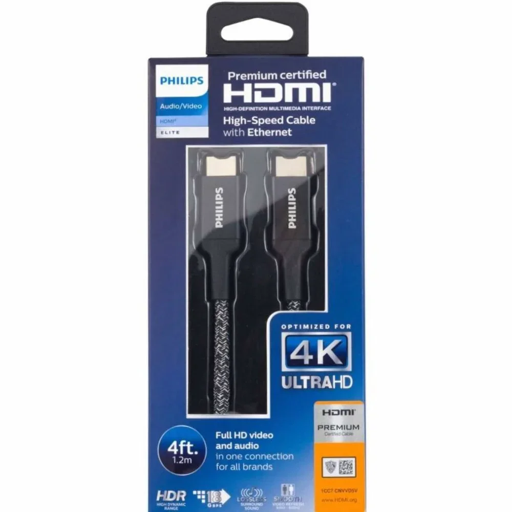 Philips HDMI High-Speed Cable with Ethernet 4K Ultra HD Full Audio/Video HDR 4ft